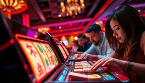 Menampilkan pemain menikmati mahjong ways 2 slot dengan suasana kasino yang hidup.