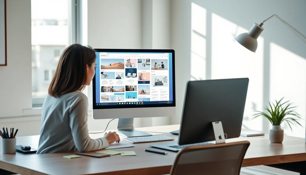Professional workspace showcasing website design, featuring a designer at a computer with website layouts.