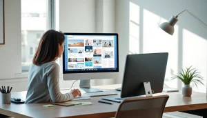 Professional workspace showcasing website design, featuring a designer at a computer with website layouts.