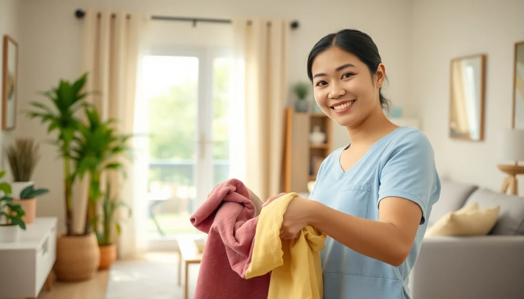 Filipino maid smiling while organizing laundry in a sunny home environment.