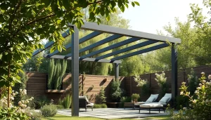 Enhance outdoor spaces with a modern steel pergola, featuring sleek design and attractive garden scenery.