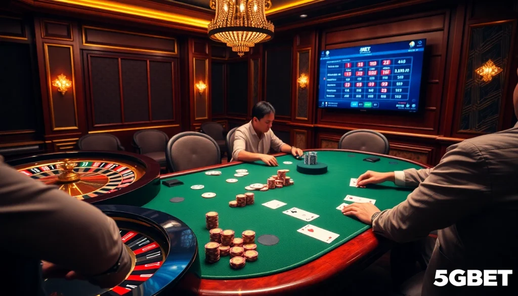 Experience excitement at 5GBET with poker chips, cards, and a dazzling roulette wheel.