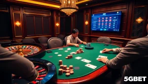 Experience excitement at 5GBET with poker chips, cards, and a dazzling roulette wheel.