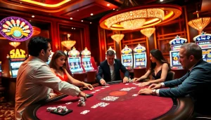 Excited players engaging in high-stakes poker at 123b casino table with vibrant atmosphere.