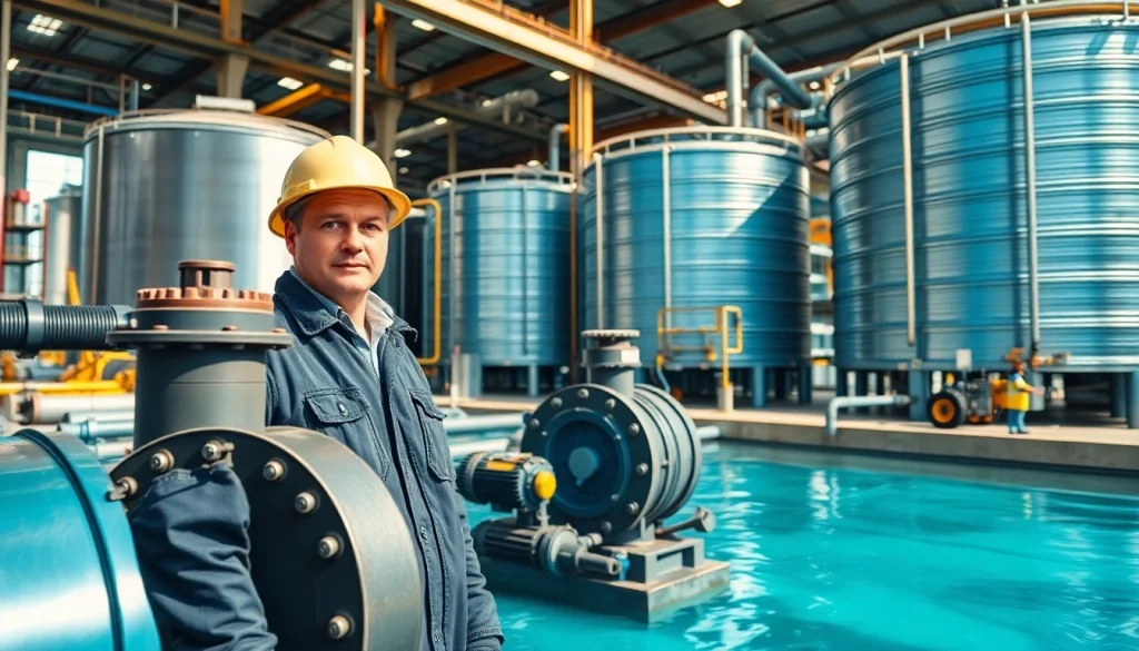 Visual representation of industrial water transfer services demonstrating pump operations and technician oversight.