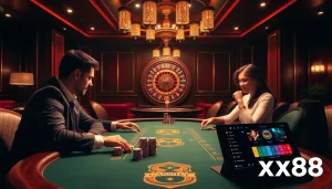 Exciting poker game scene featuring xx88's luxurious gambling environment.
