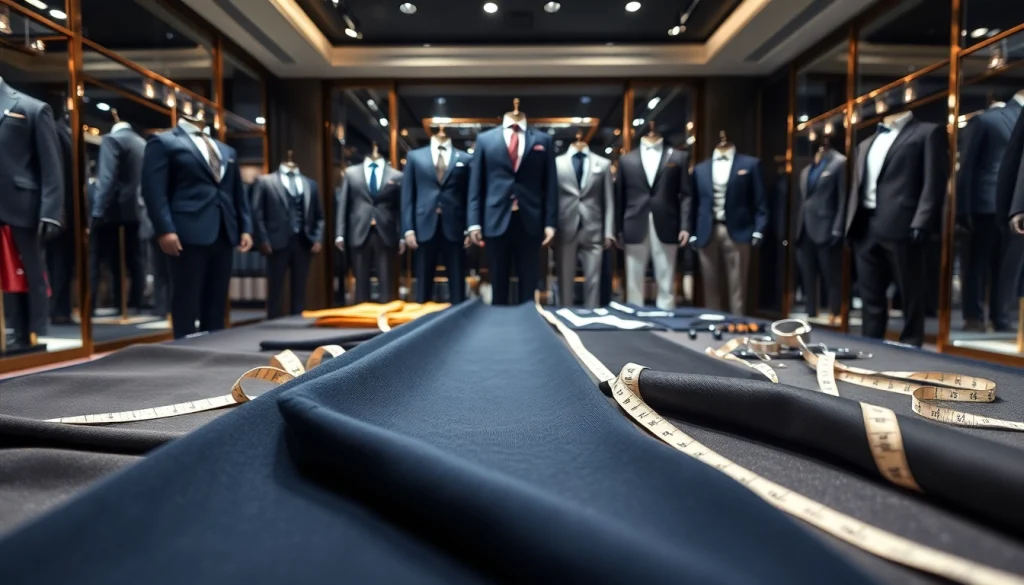 Explore tailor made bespoke suits in a luxurious boutique, showcasing elegant designs and fabrics.