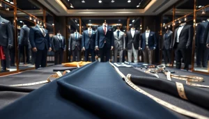 Explore tailor made bespoke suits in a luxurious boutique, showcasing elegant designs and fabrics.