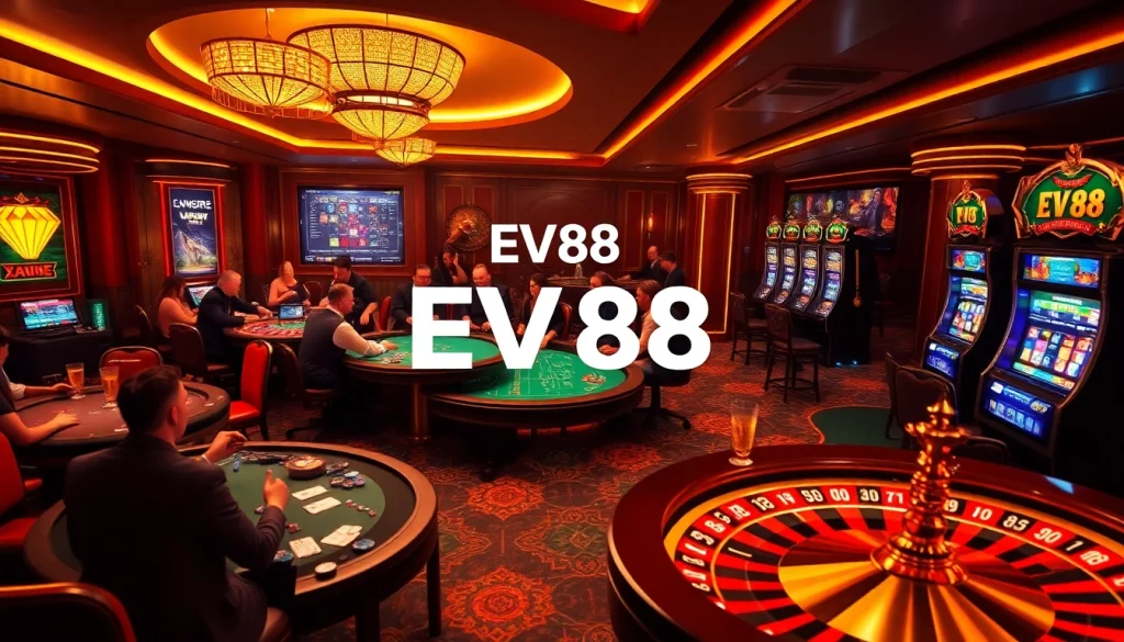 Experience the thrilling atmosphere of EV88 casino with vibrant gaming tables and exciting slot machines.