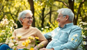 Engage with https://frontidas.com showcasing a joyful elderly couple enjoying their serene retirement in a beautiful garden.