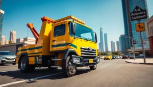 Efficient car recovery service showcased by https://trtrecoveryuae.com with a bright yellow tow truck in Dubai.