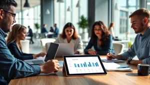 Engaged professionals collaborating in a business setting, showcasing teamwork and strategy.