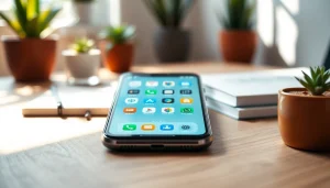 Showcasing diverse mobile apps on a smartphone amidst a charming workspace setting.