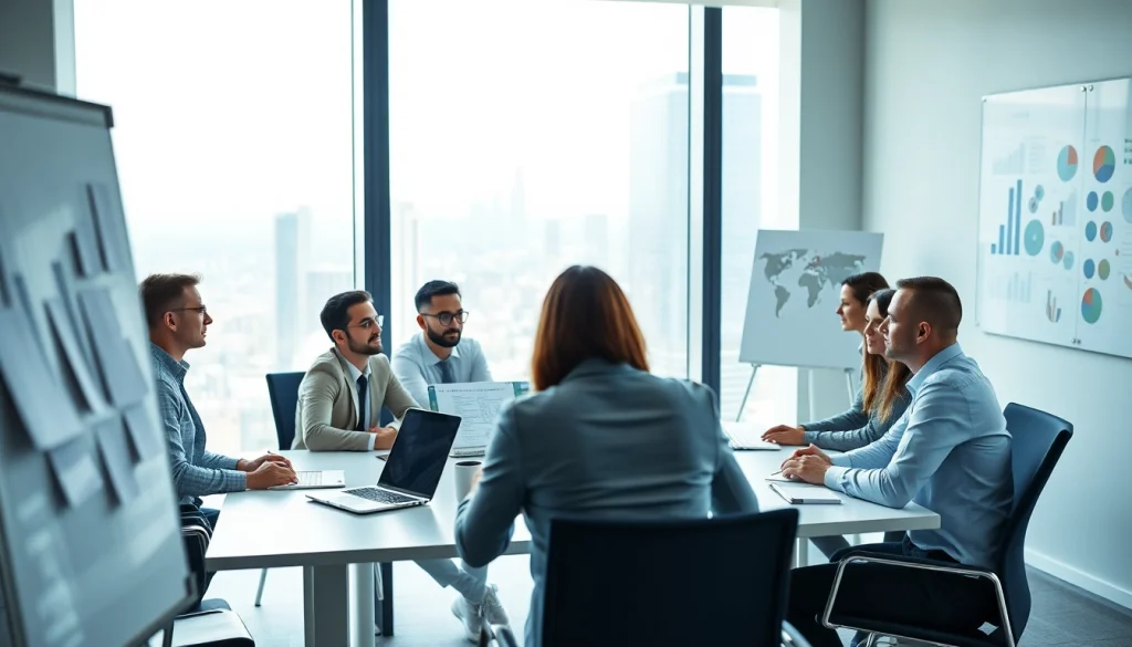 Engaging business team collaborating on strategies in a professional office setting.