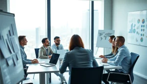 Engaging business team collaborating on strategies in a professional office setting.