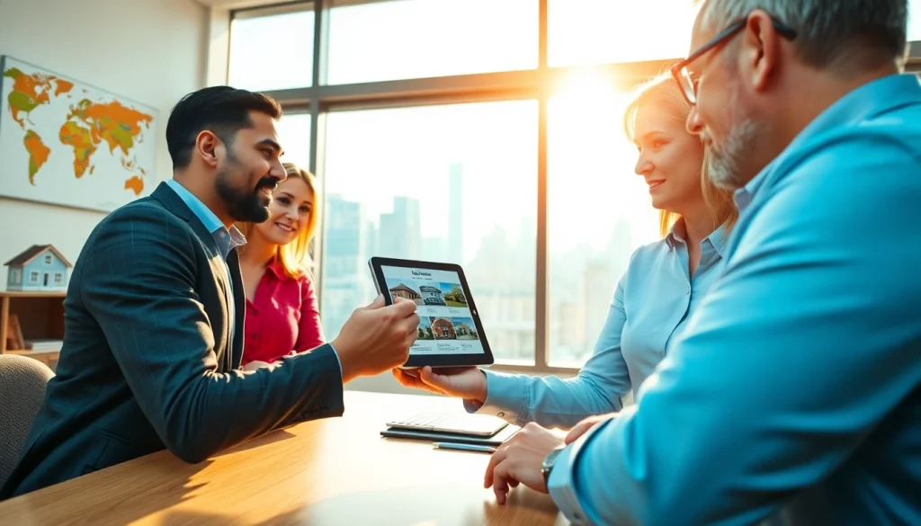 Real Estate agent advising clients on potential property buys in a modern office setting