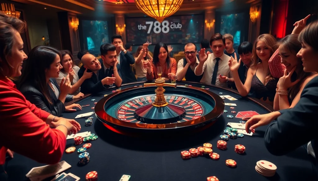 Players engaged at a stunning casino table with stellar bets reflecting the thrill of https://789club.music/.
