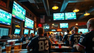 Engaged enthusiasts enjoying sports betting in Georgia at a vibrant sports bar.