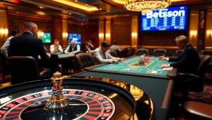 Betsson gaming table with vibrant chips, showcasing an exciting casino atmosphere.