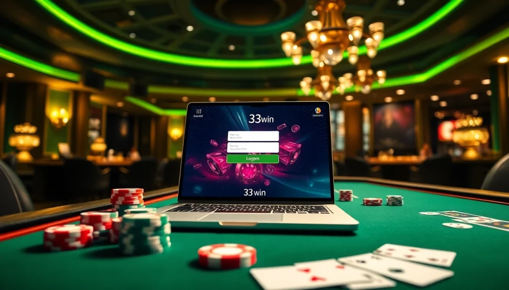 Experience 33win đăng nhập with excitement at a vibrant online casino table filled with poker chips and cards.