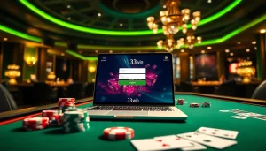 Experience 33win đăng nhập with excitement at a vibrant online casino table filled with poker chips and cards.