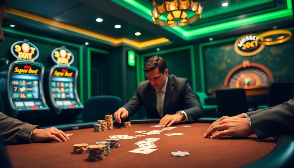 Experience high-stakes excitement at Superbet with vibrant poker tables and luxurious casino ambiance.