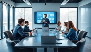 Engaged business professionals in a modern meeting setting collaborating effectively.