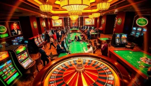 Experience the thrill of gaming at okbay com with luxury casino elements like poker tables and roulette wheels.