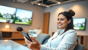 Real Estate agent showcasing property listings in a professional office environment.