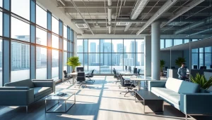 Engaging view of industrial leasing office showcasing modern design and urban vibes.