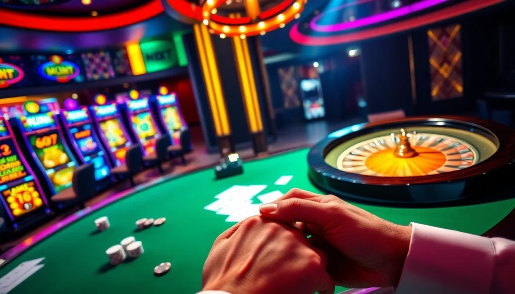 Experience dramatic casino excitement with thabet's poker chips on the table amidst gaming action.