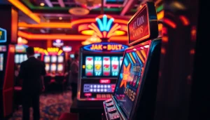 Menangkan slot deposit 1000 di mesin slot berwarna cerah dengan latar kasino yang mengundang.