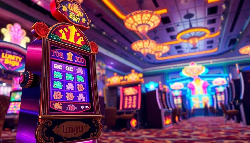 Menggambarkan pengalaman bermain ungu toto dengan nuansa kasino berwarna-warni yang ceria.