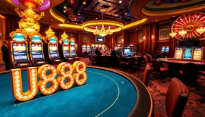 Players enjoying a luxurious U888 casino experience with high-stakes poker and vibrant slot machines.