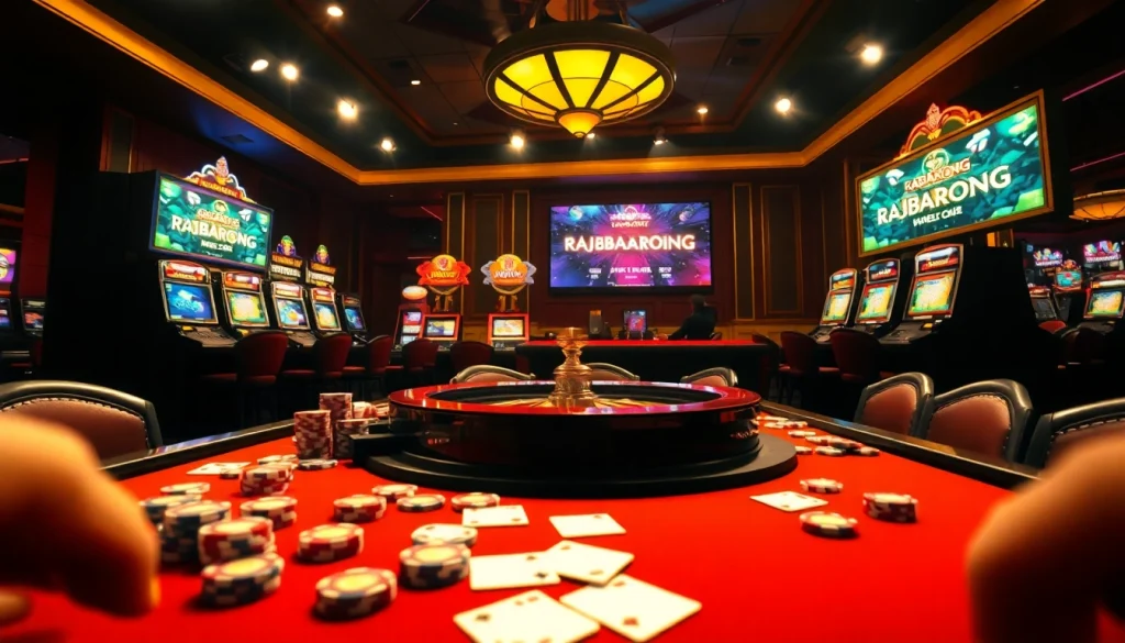 Engage in thrilling gameplay at RAJABARONG with poker chips and vibrant slot machines.