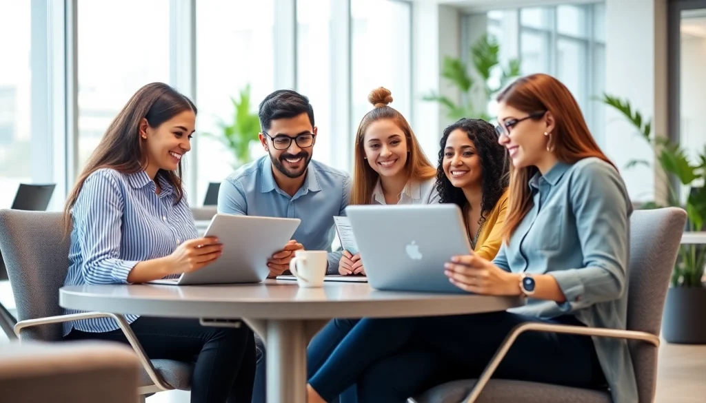 Collaborative professionals using WPS下载 in a modern office environment.