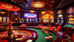Experience the excitement of Trang Chủ Jun88 with vibrant casino gaming, featuring roulette wheels and slot machines.