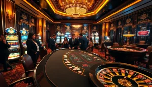 KJC casino scene showcasing poker excitement and vibrant slot machines in a luxurious setting