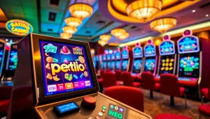 Permainan petanitoto dengan mesin slot berwarna-warni dan suasana kasino yang menggembirakan.