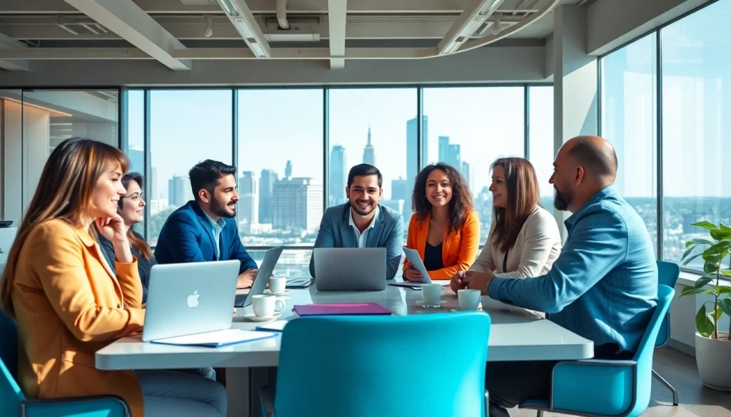 Business professionals collaborating in a modern office setting with a city view.