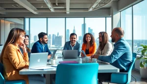 Business professionals collaborating in a modern office setting with a city view.