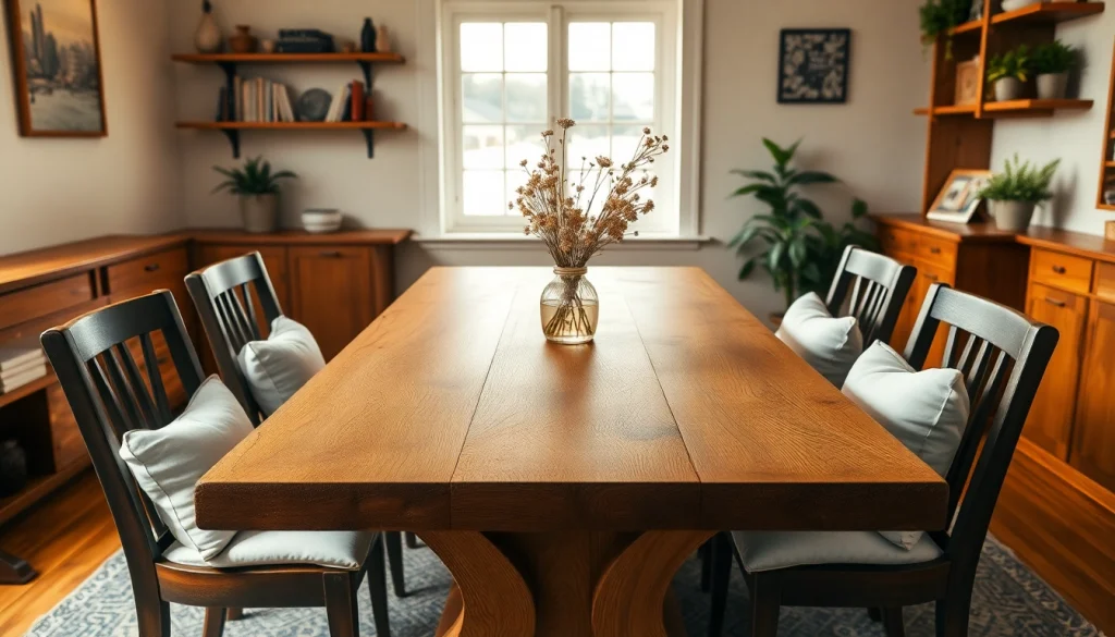 Admire solid wood tables showcased in an elegant dining room with cozy lighting.