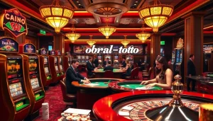 Players experience the thrill of gaming at a vibrant casino, highlighting 'obral toto' jackpots and winning moments.