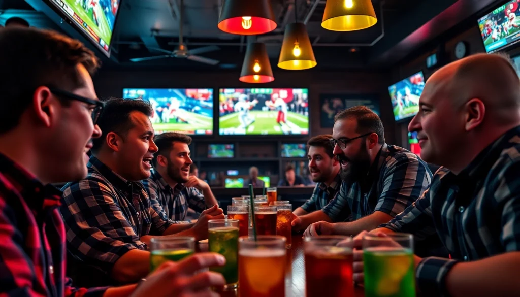 Engaged group discussing sports betting in Texas in a dynamic sports bar setting.