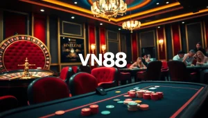 Players engaging at the VN88 casino table with vibrant chips and cards, showcasing an intense gaming atmosphere.