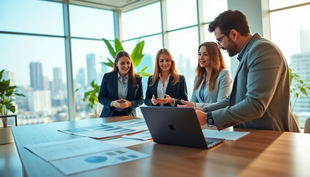 Real Estate agents collaborating professionally in a bright office environment.