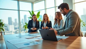 Real Estate agents collaborating professionally in a bright office environment.