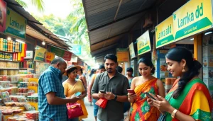 Lanka Add marketplace scene with locals engaged, showcasing vibrant ads and community interaction.