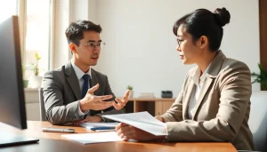 카드깡에 대한 위험성을 논의하는 금융 전문가와 법적 문서가 있는 사무실