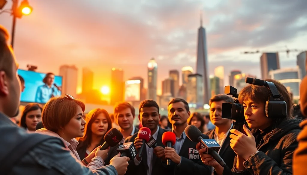 Journalists capturing breaking news scenes at https://news-parade.com.ua with a vibrant city skyline.